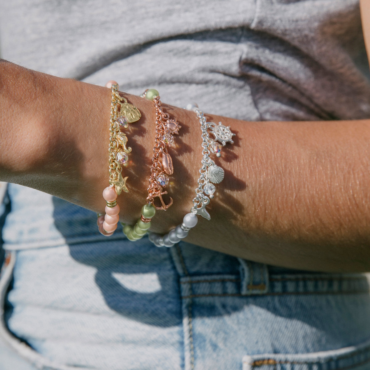 Pastel Blue Pearl + Sea Charm Stretch Bracelet